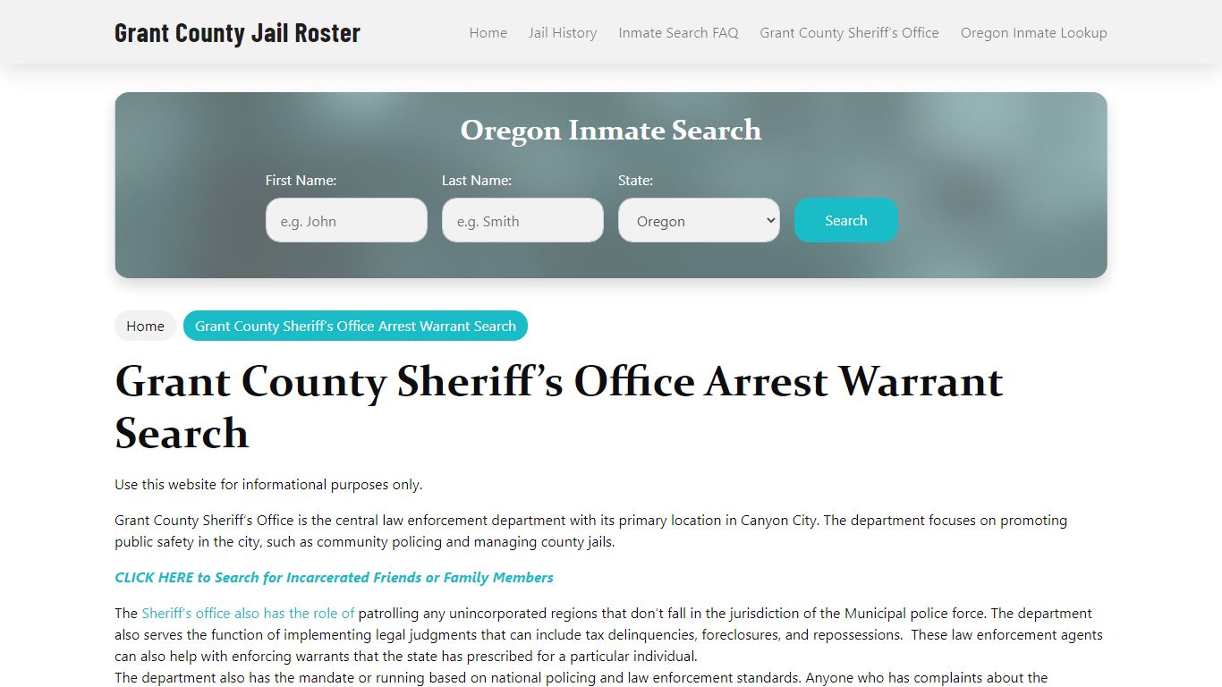 Grant County Sheriff Office, OR, Arrest Warrants Search